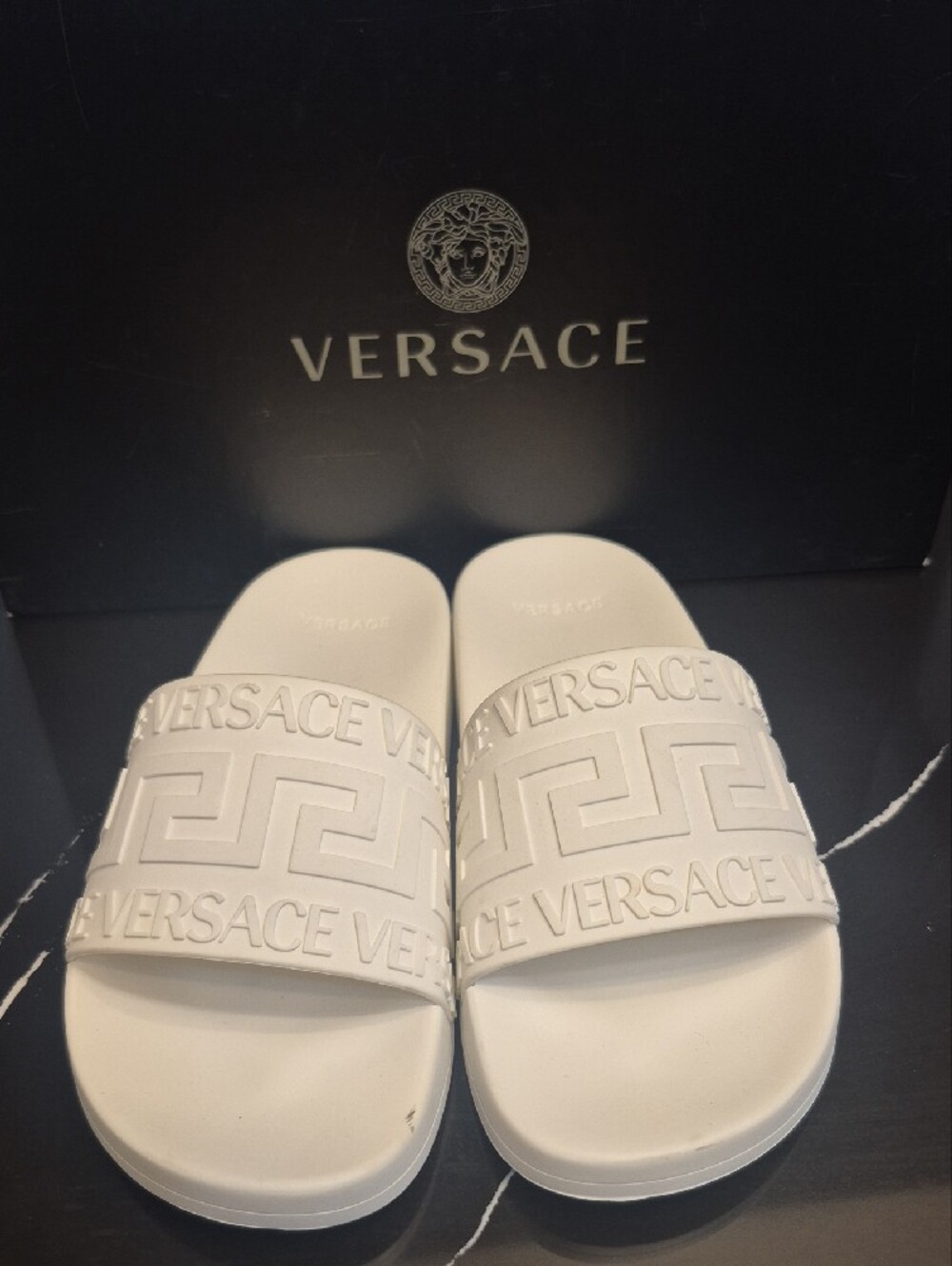 Versace Cream Embossed Logo Slide Sandals for Women